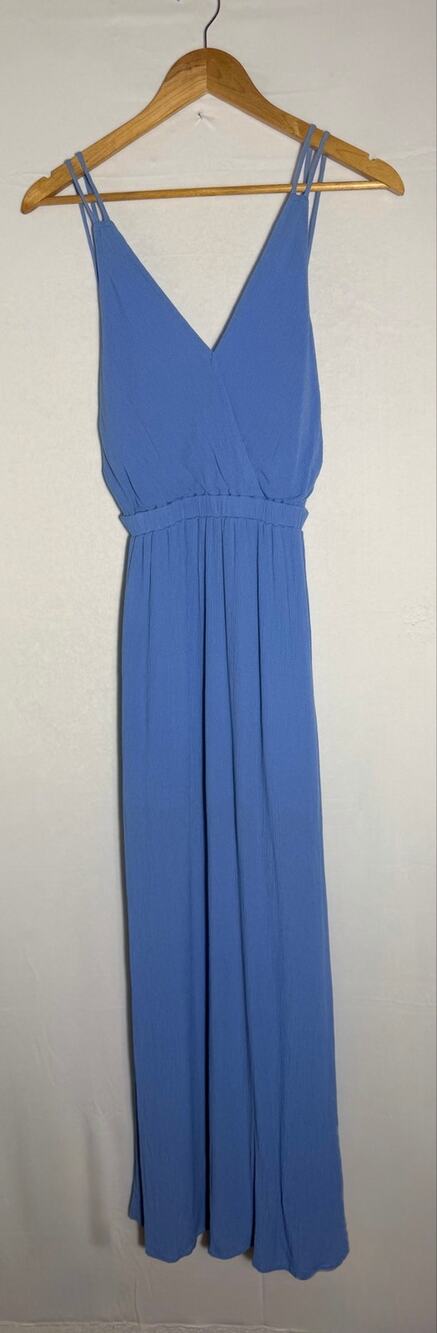 Lulus XS Blue Maxi Dress Plunge V Neck Strappy Back Flowy Rayon